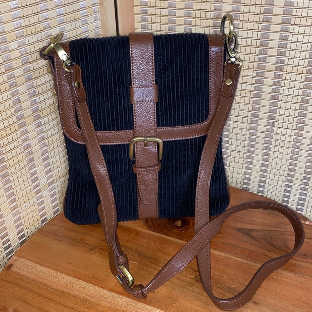 Coldwater Creek Womens Corduroy Purse Satchel Black Crossbody Adjustable Strap